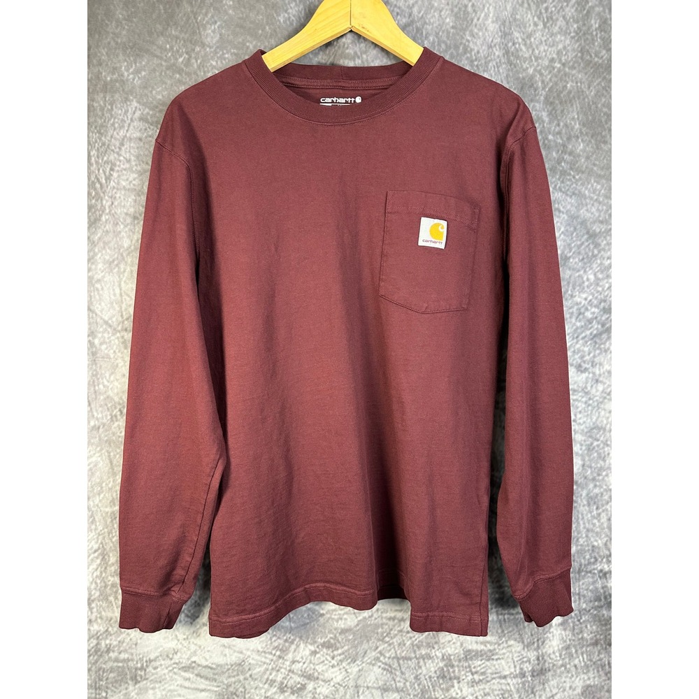 Carhartt Pocket T-Shirt Mens Small Burgundy Long Sleeve Loose Fit K126 PRT Port